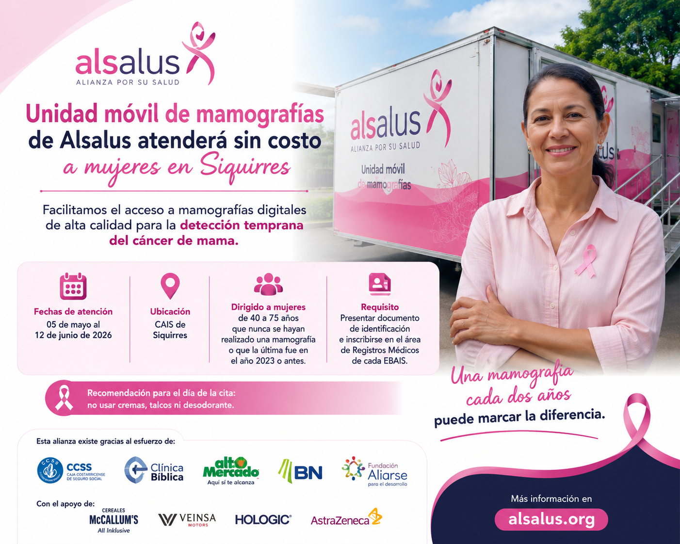Unidad móvil de mamografías de Alsalus brindará atención gratuita en Siquirres